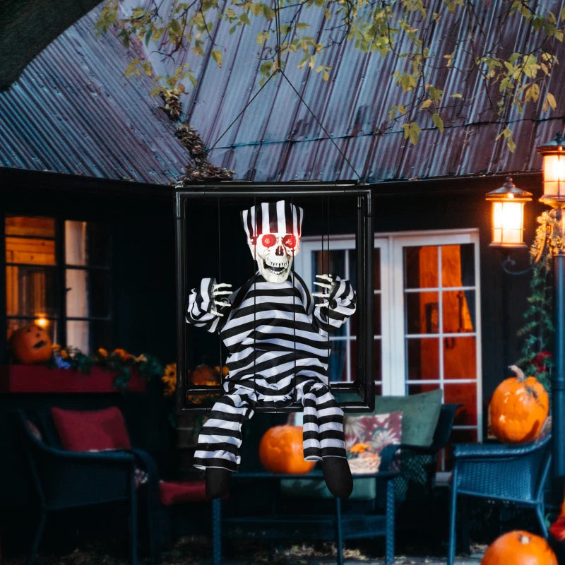 Halloween Animated Skeleton Prisoner in Cage with Glowing LED Eyes - Spooky Battery Operated Indoor Decorations for Parties