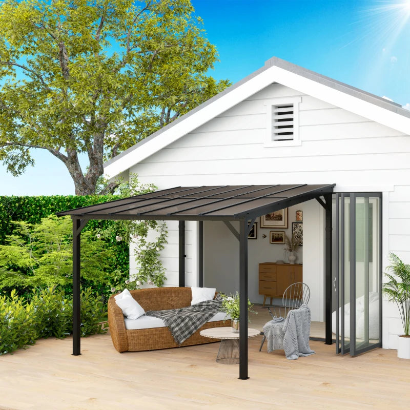 3x3m Dark Grey Metal Pergola with UPF 50+ Waterproof Polycarbonate Roof - Wall-Mounted or Free Standing Garden Gazebo, Wind-Resistant Outdoor Sun Shade
