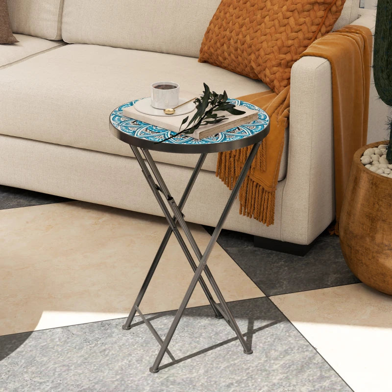 Mosaic Round Folding Garden Table, 35.5cm Blue Coffee Table for Balcony & Terrace