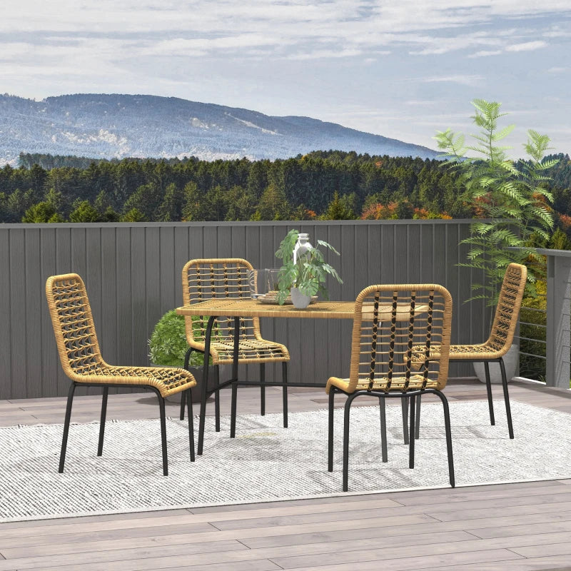 5-Piece Rattan Garden Dining Set with Glass Tabletop - Natural Wood