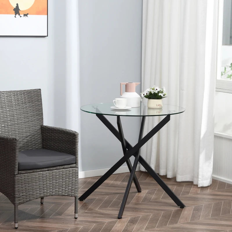 Modern Round Dining Table with Clear Tempered Glass Top & Metal Legs - Stylish Kitchen & Living Room Furniture, Black
