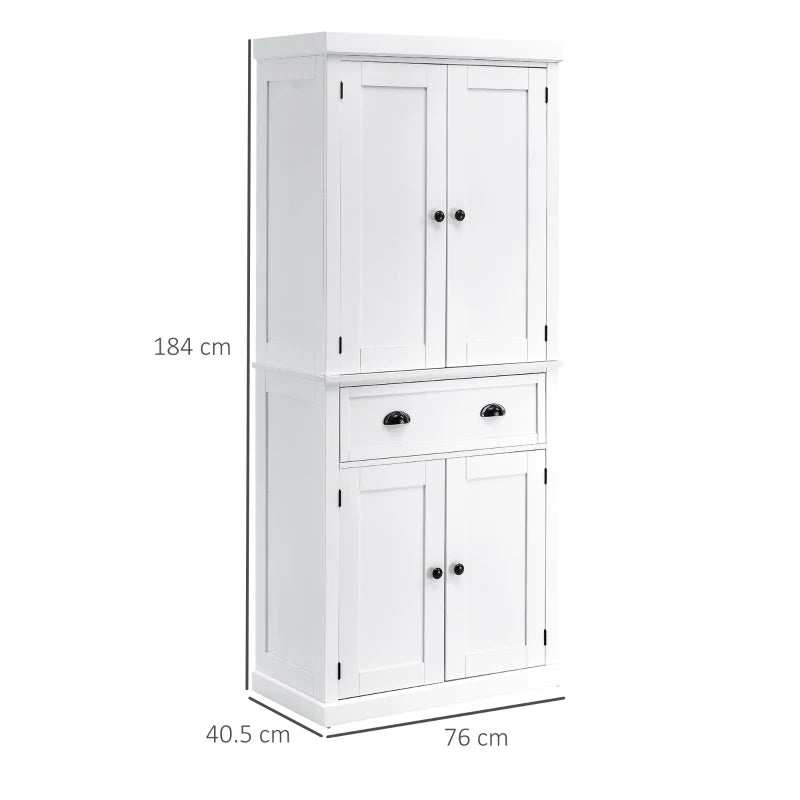 Freestanding 184cm Tall Kitchen Cupboard - Colonial 4-Door Pantry Storage Cabinet with Drawer, White Finish