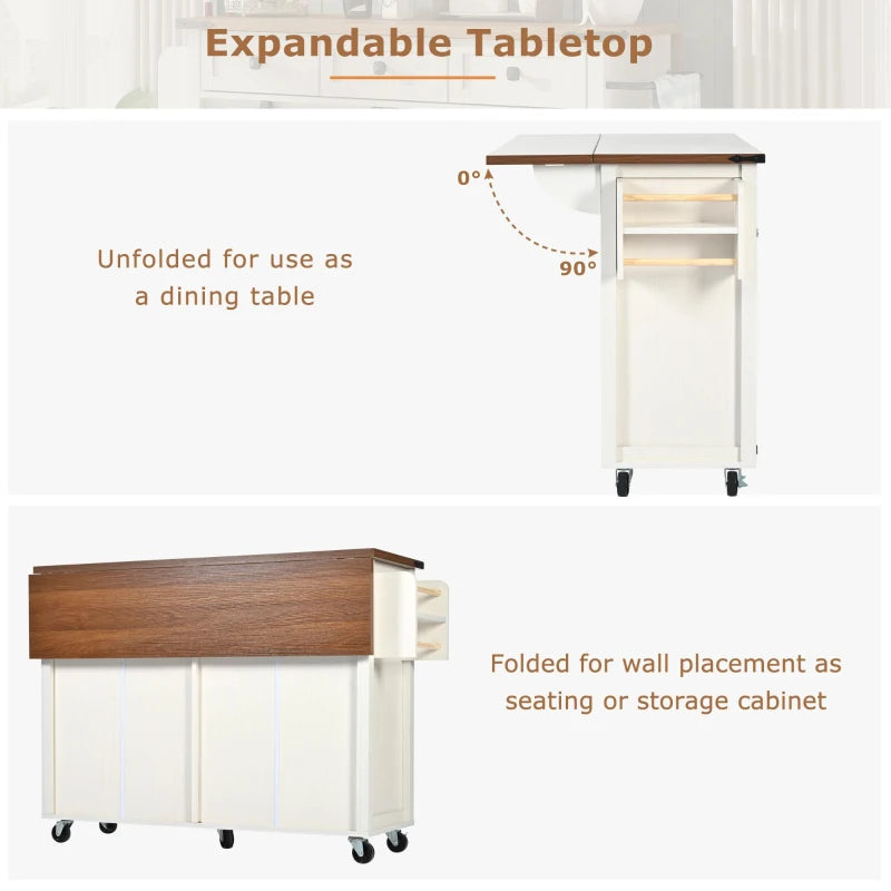 Farmhouse Style Kitchen Island Trolley - Adjustable Shelf, Cabinets & Drawers, Modern Rolling Storage Cabinet, White, 140x73x90.5 cm