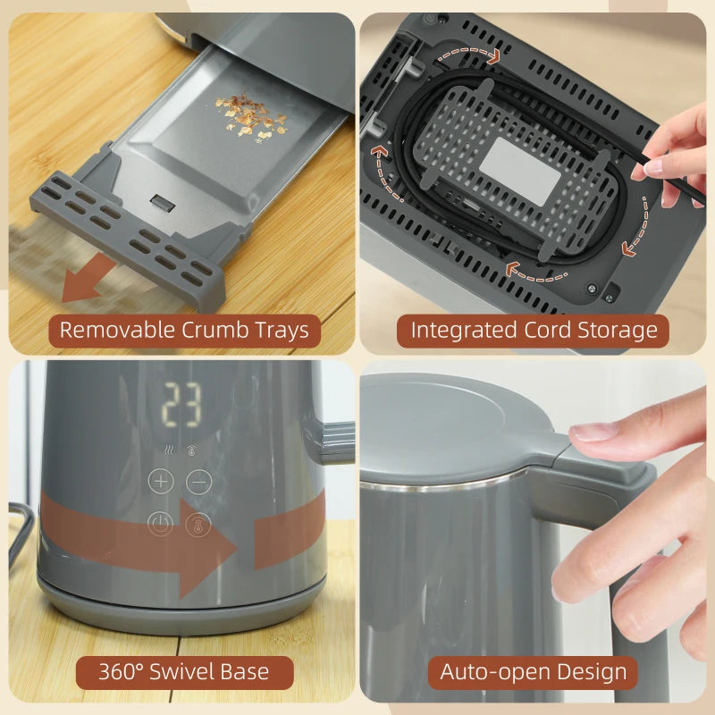 Digital Stainless Steel Kettle & Toaster Set - 1.5L Fast Boil 3000W Kettle, 2 Slice Toaster with 7 Browning Levels, Grey