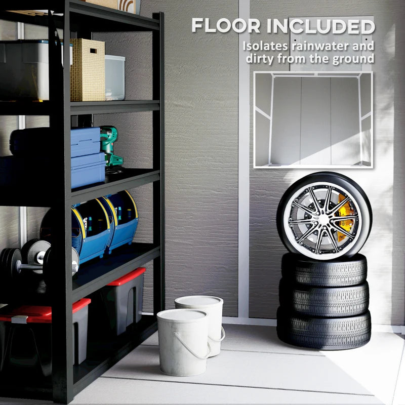 6 x 5ft Light Grey Plastic Garden Shed with Floor, Window, Lockable Doors and Vents - Wood Effect Resin Tool Storage for Outdoor Patio