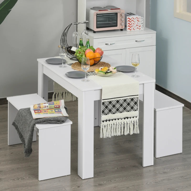Compact White Kitchen Dining Table Set with 2 Benches - Space-Saving Table and Chairs for Small Areas