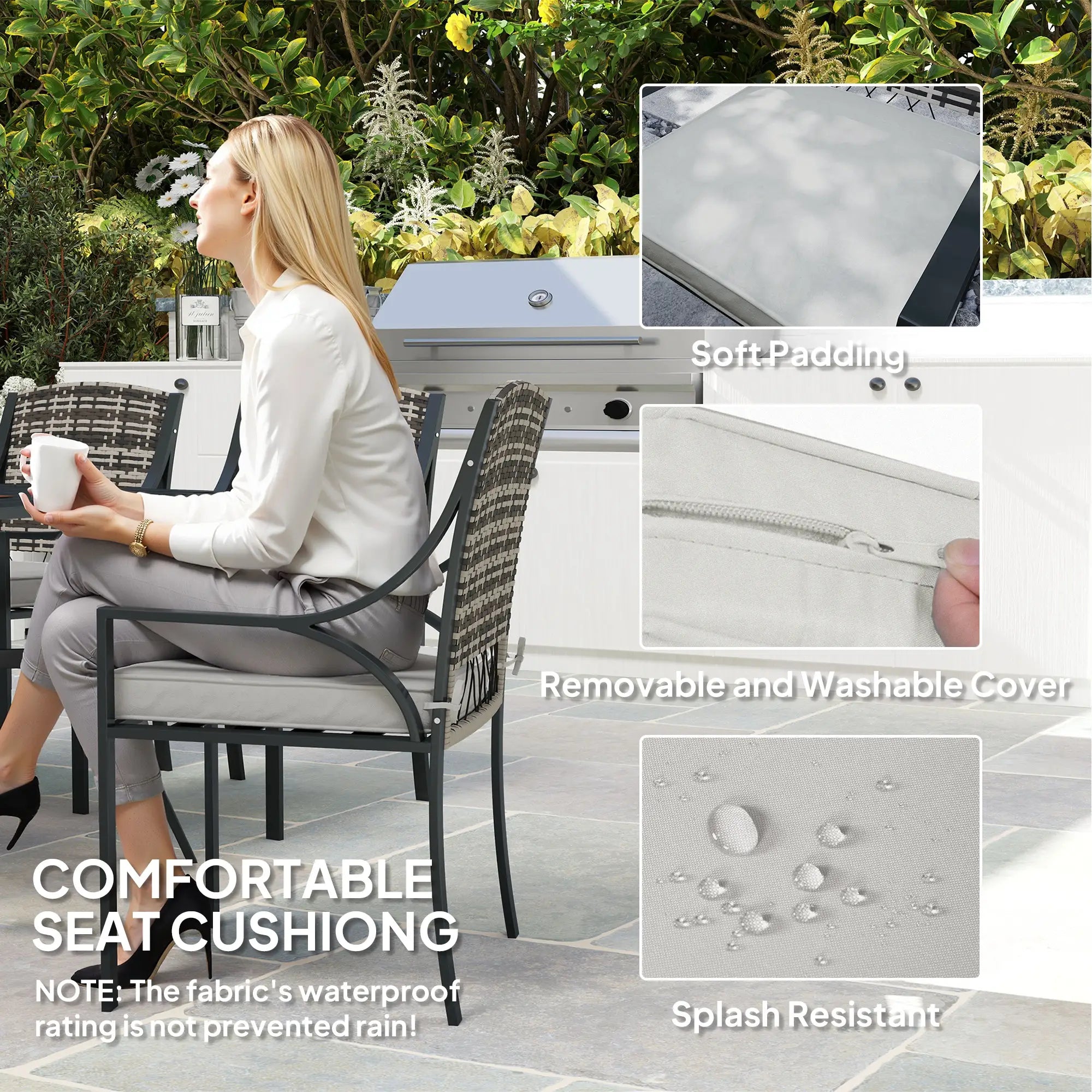 6 Seater Rattan Dining Set with 6 Armchairs, 150 x 96cm Rectangular Table, Umbrella Hole