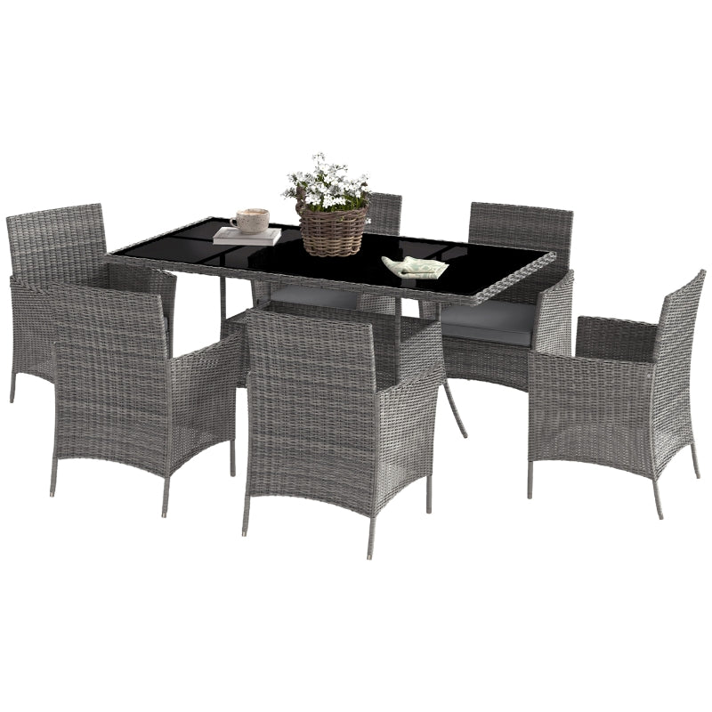 7-Piece Grey Rattan Garden Furniture Set - 6 Seater Dining Set with Cushions and Rectangular Glass Top Table