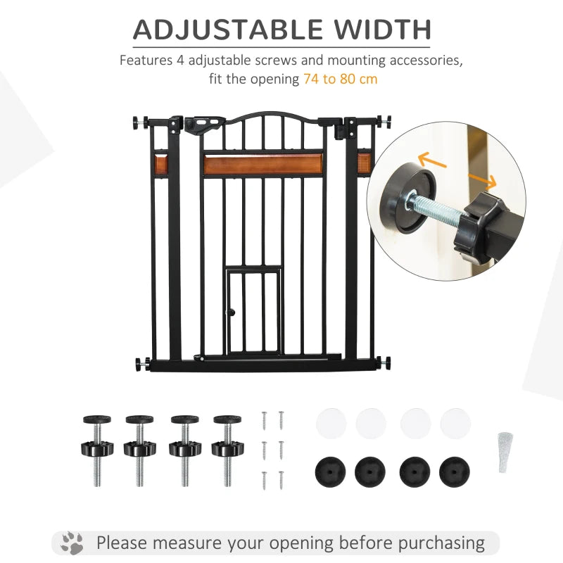 Pet Safety Gate with Cat Flap, Auto Close, 74-80cm Wide for Staircases, Doorways & Hallways - Black