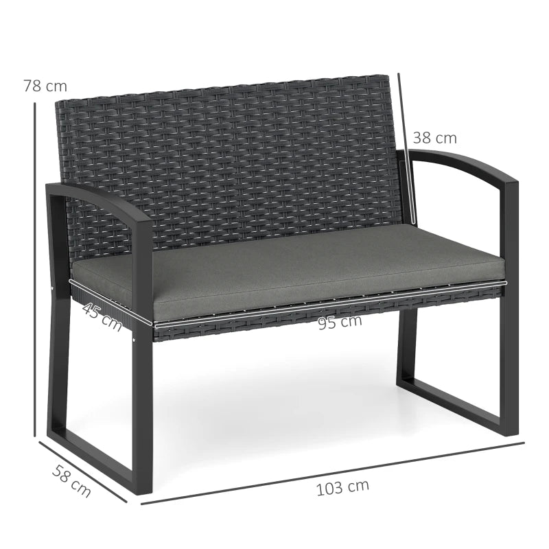 Two-Seater Rattan Garden Bench - Grey and Black Outdoor Seating