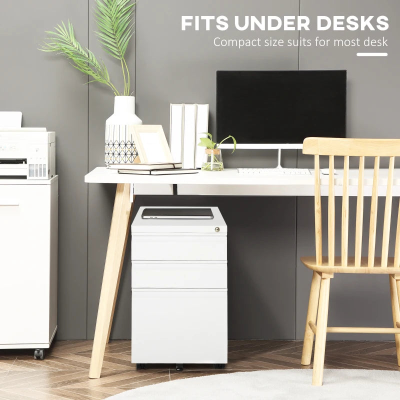 Vinsetto Mobile 3 Drawer Metal Filing Cabinet - Anti-Tilt Design for Letter, A4, Legal Size - White