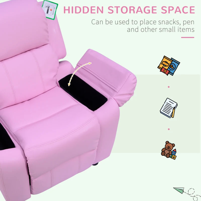Kids Pink Sofa Armchair Recliner - PU Leather Toddler Lounger with Storage for Games & Playtime