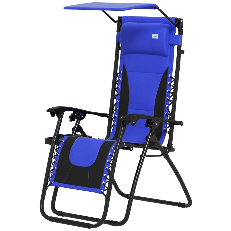 Zero Gravity Lounger Chair - Folding Reclining Patio Chair with Shade Cover, Padded Seat, Cup Holder, Soft Cushion and Headrest - Blue, Large Size