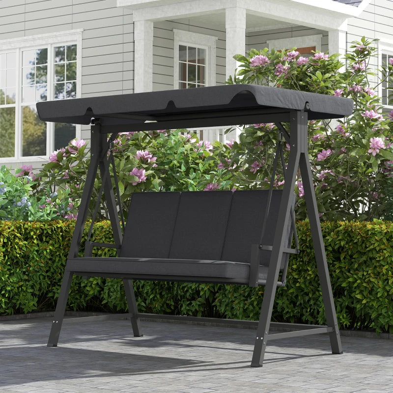 Dark Grey Three-Seater Garden Swing Bench with Adjustable Canopy for Outdoor Relaxation