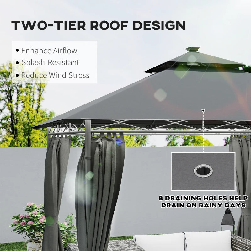 3 x 3 m Dark Grey Garden Gazebo with Double Roof, Curtains & Solar-Powered LED Lights - Outdoor Canopy Shelter for Patio & Deck