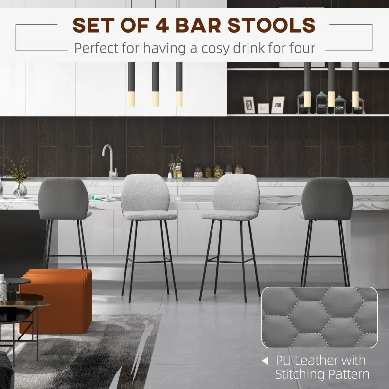 Set of 4 Linen-Touch Upholstered Bar Stools with Backs, Steel Legs - Light Grey Kitchen Chairs for Dining Room