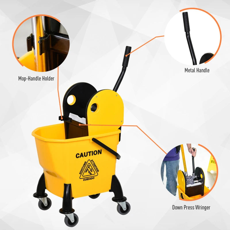 25L Yellow Mop Bucket with Wringer, Wheels & Handle - Heavy Duty Cleaning Tool for Home & Commercial Use