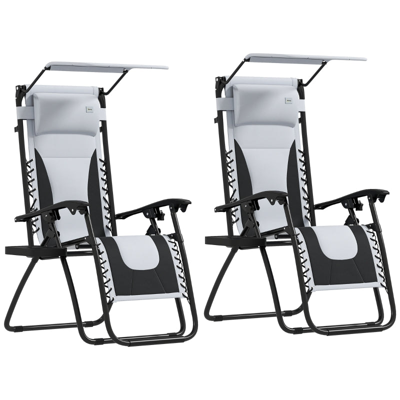 Zero Gravity Lounger Chair Set of 2 - Folding Reclining Patio Chairs with Shade Cover, Padded Seat, Cup Holder, Soft Cushion and Headrest - Light Grey