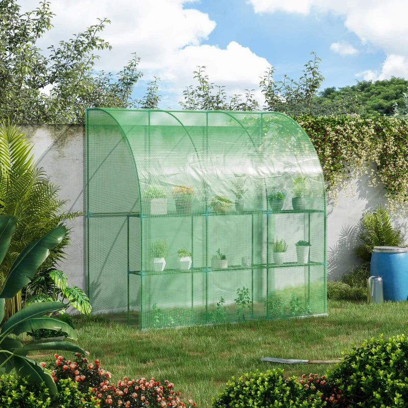 Green Walk-In Wall Tunnel Greenhouse with Zipped Door - 214x120x215cm
