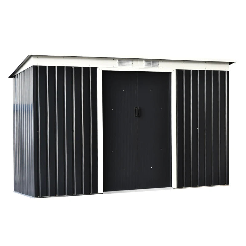 Black 9ft x 4ft Metal Garden Storage Shed With Foundation Kit, Ventilation and Double Doors