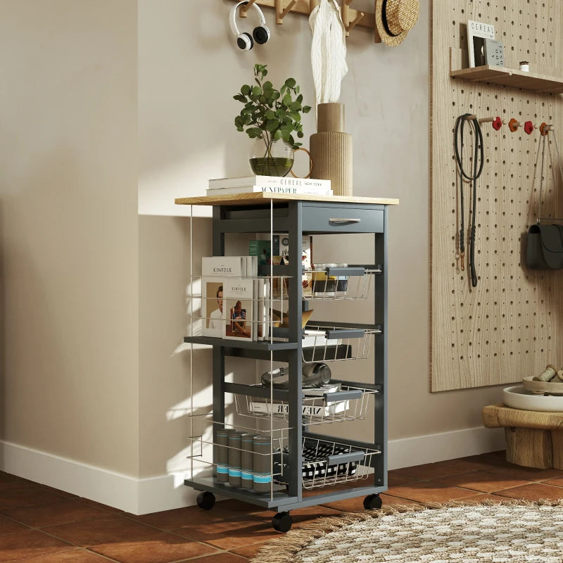 Rolling Kitchen Cart with 4 Basket Drawers & Side Racks - Utility Storage on Wheels for Dining Room - Grey
