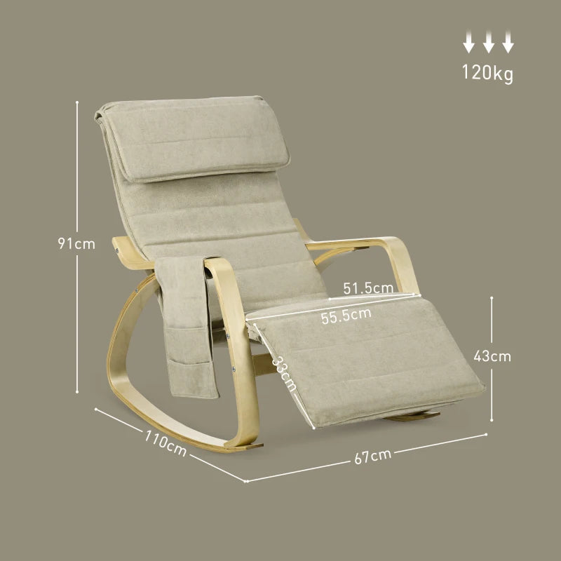 Adjustable Rocking Lounge Chair with Footrest, Side Pocket and Pillow for Ultimate Relaxation in Khaki