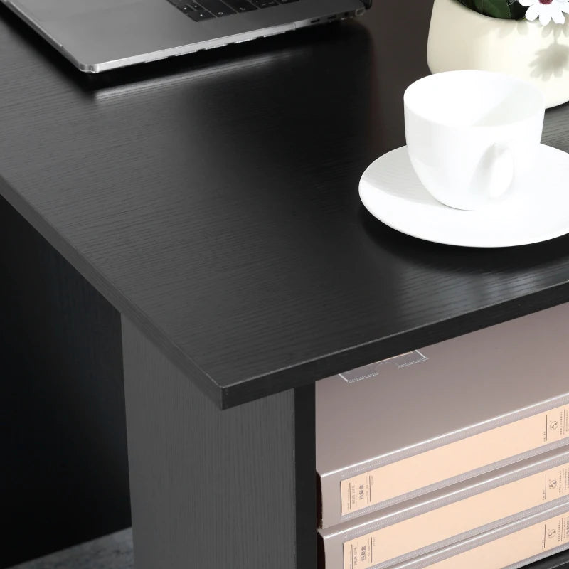 Modern Black Computer Desk with 3 Storage Shelves & Drawers - Stylish Writing Table for Home Office Workstation