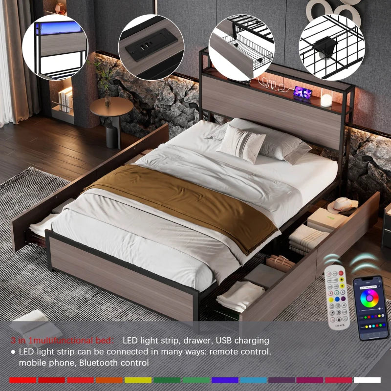 Metal Single Bed with LED Light Strip, 4 Drawers & 3 USB Ports - Stylish Grey Bedroom Furniture, 207x90.5x105 cm