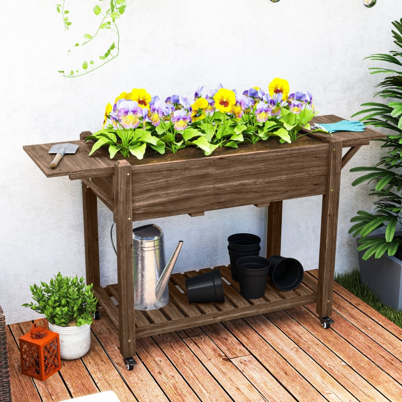 Wooden Elevated Planter Box with Lockable Wheels, Side Tables, and Bottom Shelf - Carbonised 120cm Garden Bed for Vegetables, Flowers, and Fruits