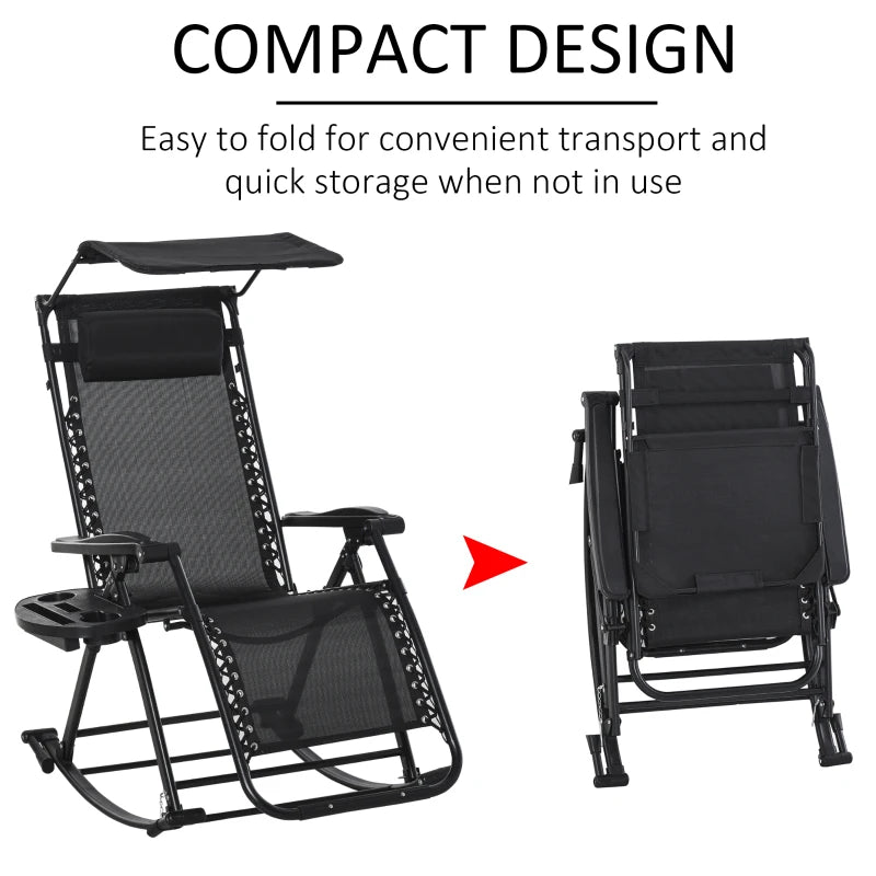 Black Folding Rocking Sun Lounger with Headrest & Side Holder