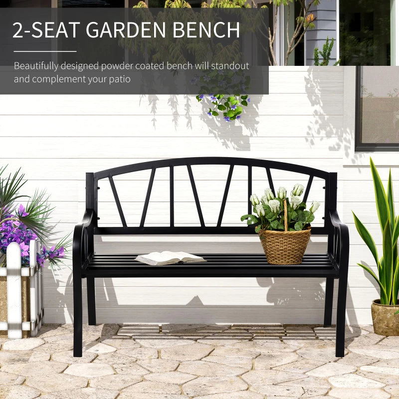 Metal Garden Loveseat Bench - 2-Seater, Decorative Backrest, Ergonomic Armrest - Black