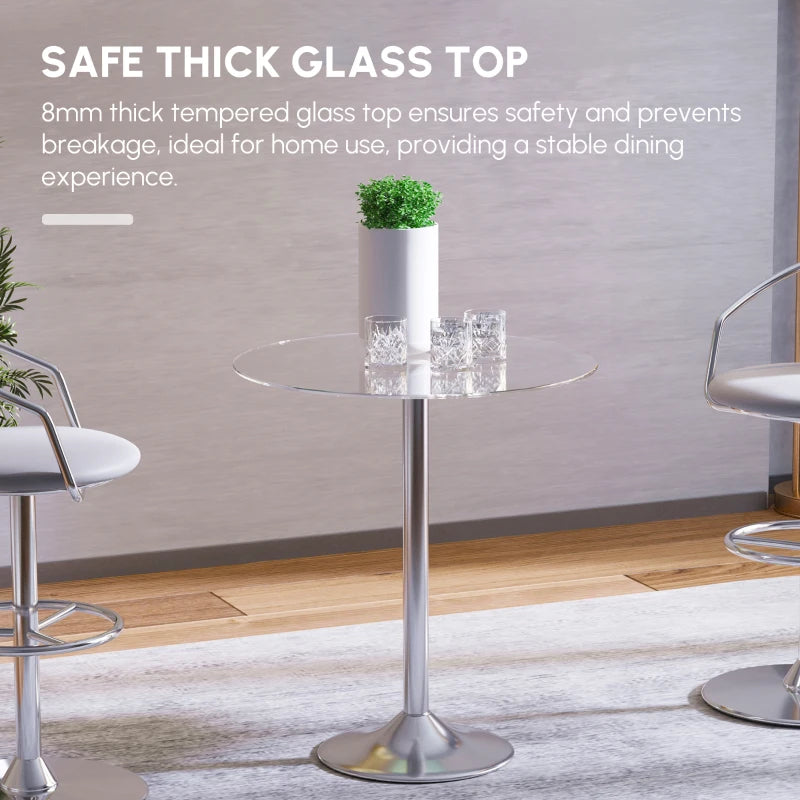 Modern Round Dining Table with Tempered Glass Top & Steel Base - Space Saving Small Bar Table for Dining Room