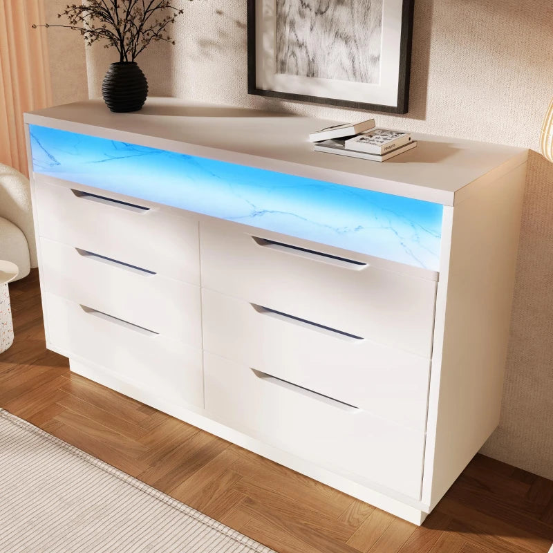 Modern Marbled 6-Drawer Sideboard with RGB LED Lighting - Stylish Storage Cabinet for Living Room & Home Office, 120x40x85 cm, White