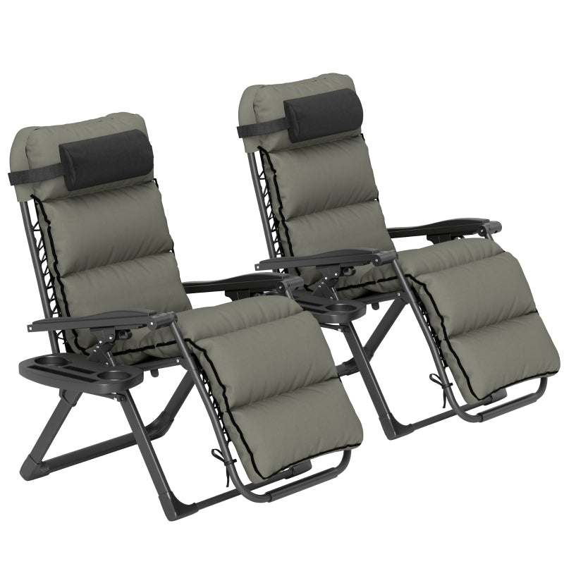 Set of Two Grey Reclining Sun Loungers with Cushions - Adjustable Outdoor Chairs