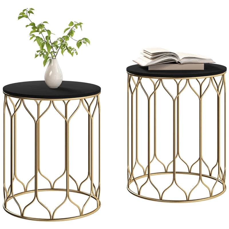 Set of 2 Black Ceramic Tile Top Nesting Tables - Multifunctional Indoor Outdoor Small Garden Side Tables with Metal Frame for Patio, Balcony, Porch
