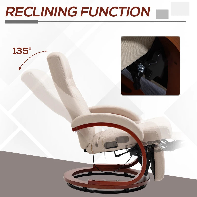 Beige 135° Manual Reclining Swivel Chair with Footrest for Ultimate Comfort