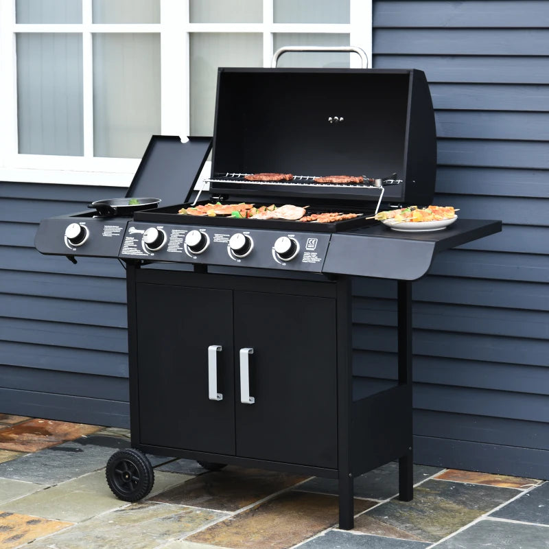 5-Burner 4+1 Black Gas BBQ Grill with Smoker and Side Table - Outdoor Barbecue Trolley with Wheels, Warming Rack, Side Shelves, Cabinet, Thermometer