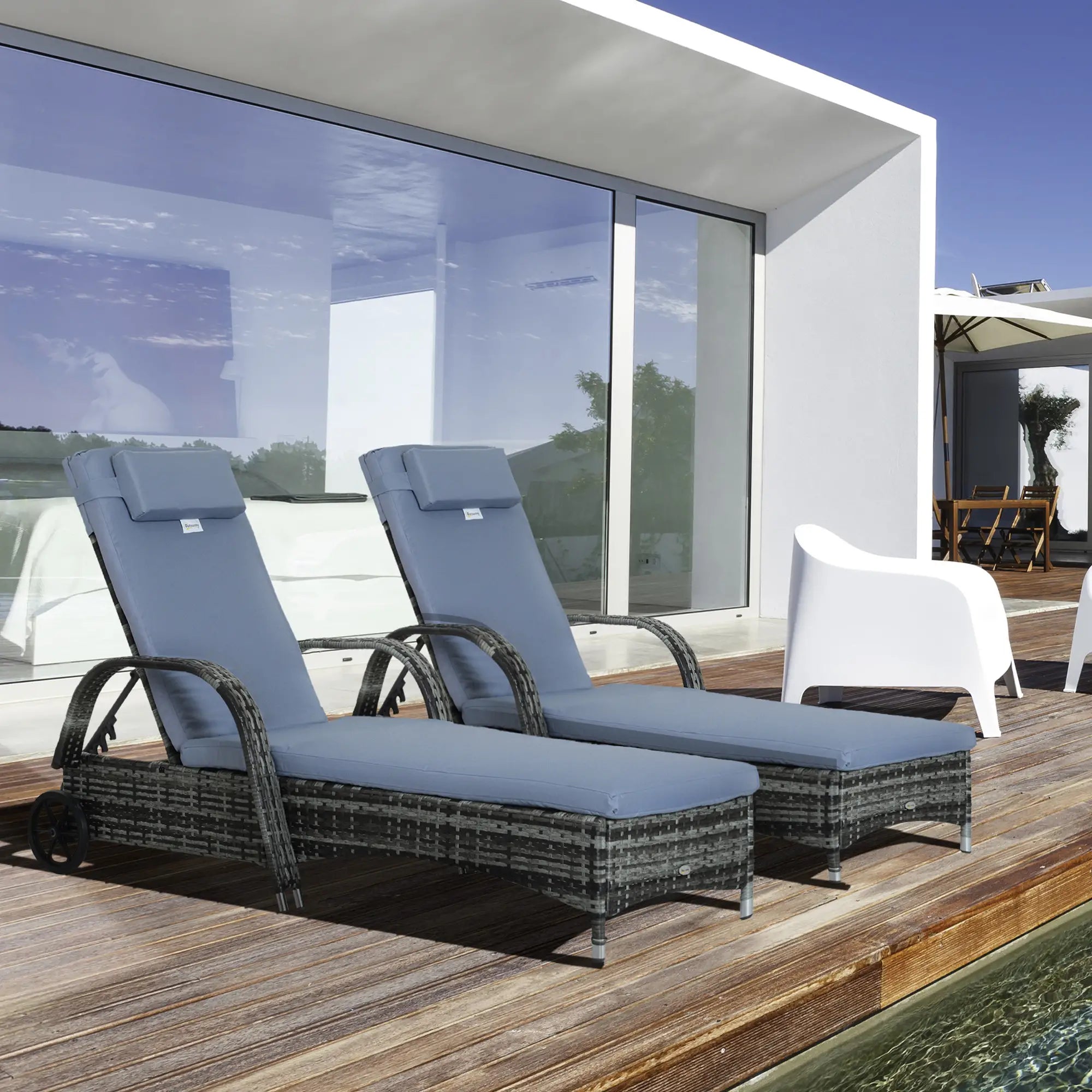 2 Piece Rattan Sun Lounger Recliner Set - Adjustable Headrest with Fire Retardant Cushions