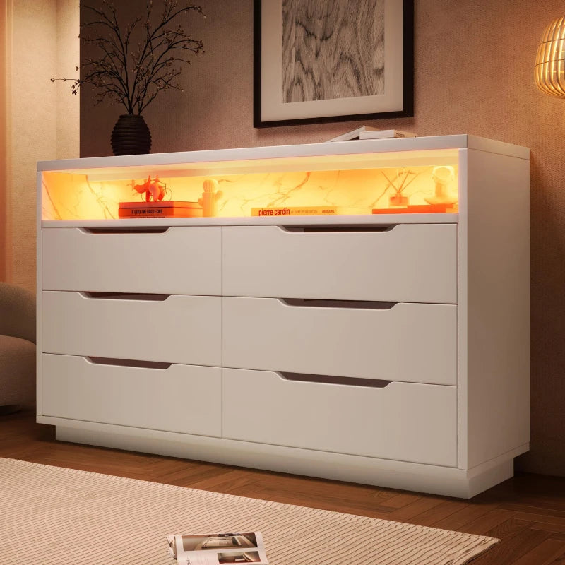 Modern Marbled 6-Drawer Sideboard with RGB LED Lighting - Stylish Storage Cabinet for Living Room & Home Office, 120x40x85 cm, White