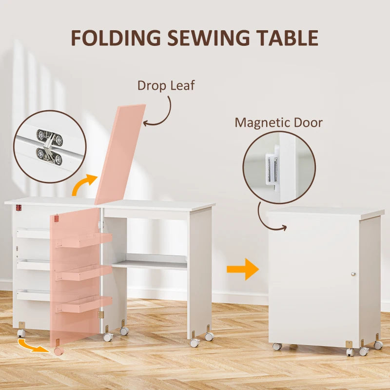 Folding Sewing Table with Drop Leaf & Storage Bins - Rolling Craft Table for Small Spaces, White Sewing Machine Cabinet