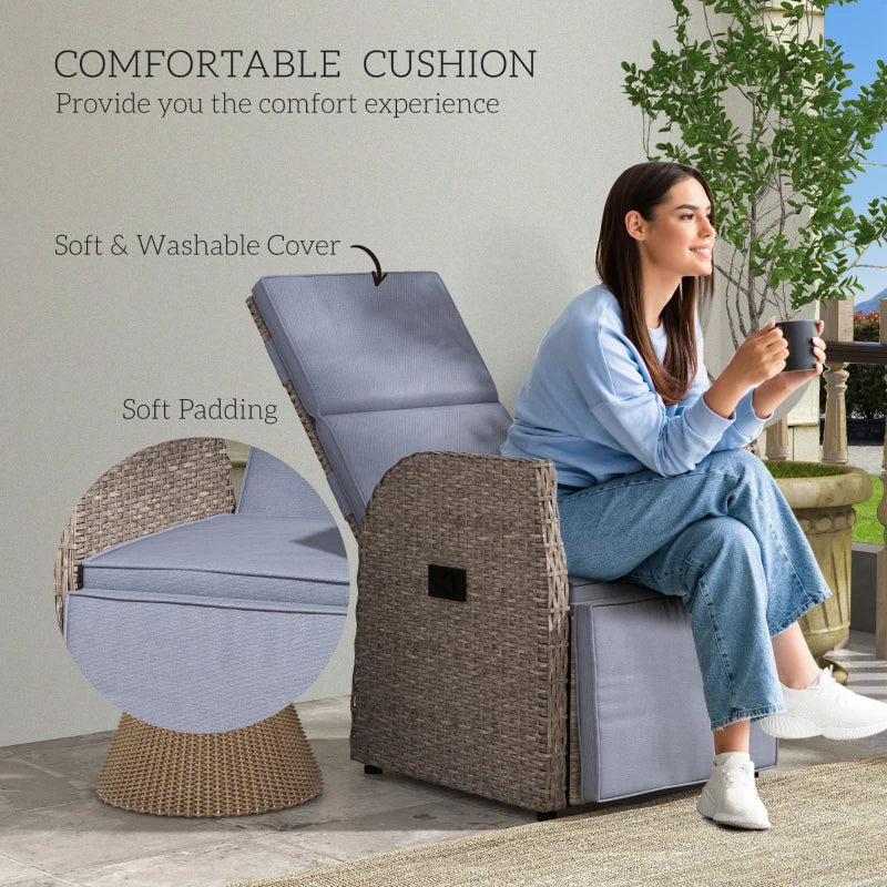 Reclining Rattan Garden Armchair with Footrest - Brown/Grey