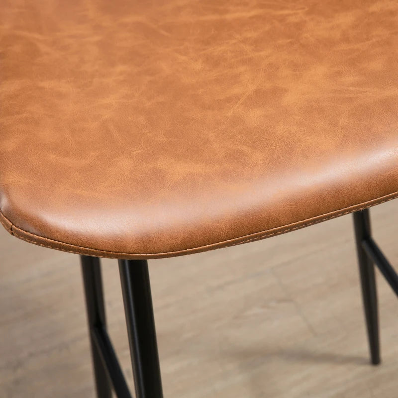 Set of 2 Brown PU Leather Bar Stools with Backs, Steel Legs & Footrests - Stylish Kitchen Counter Chairs
