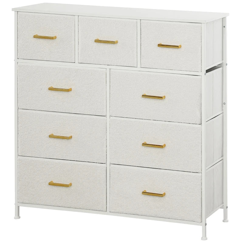 9 Drawer Fabric Storage Organizer with Steel Frame for Bedroom Living Room Hallway Cream White Dresser