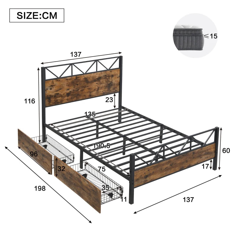 Sturdy Metal Double Bed with 2 Storage Drawers - Iron Frame & MDF, Black, 198L x 137W x 116H cm for Adults & Teens