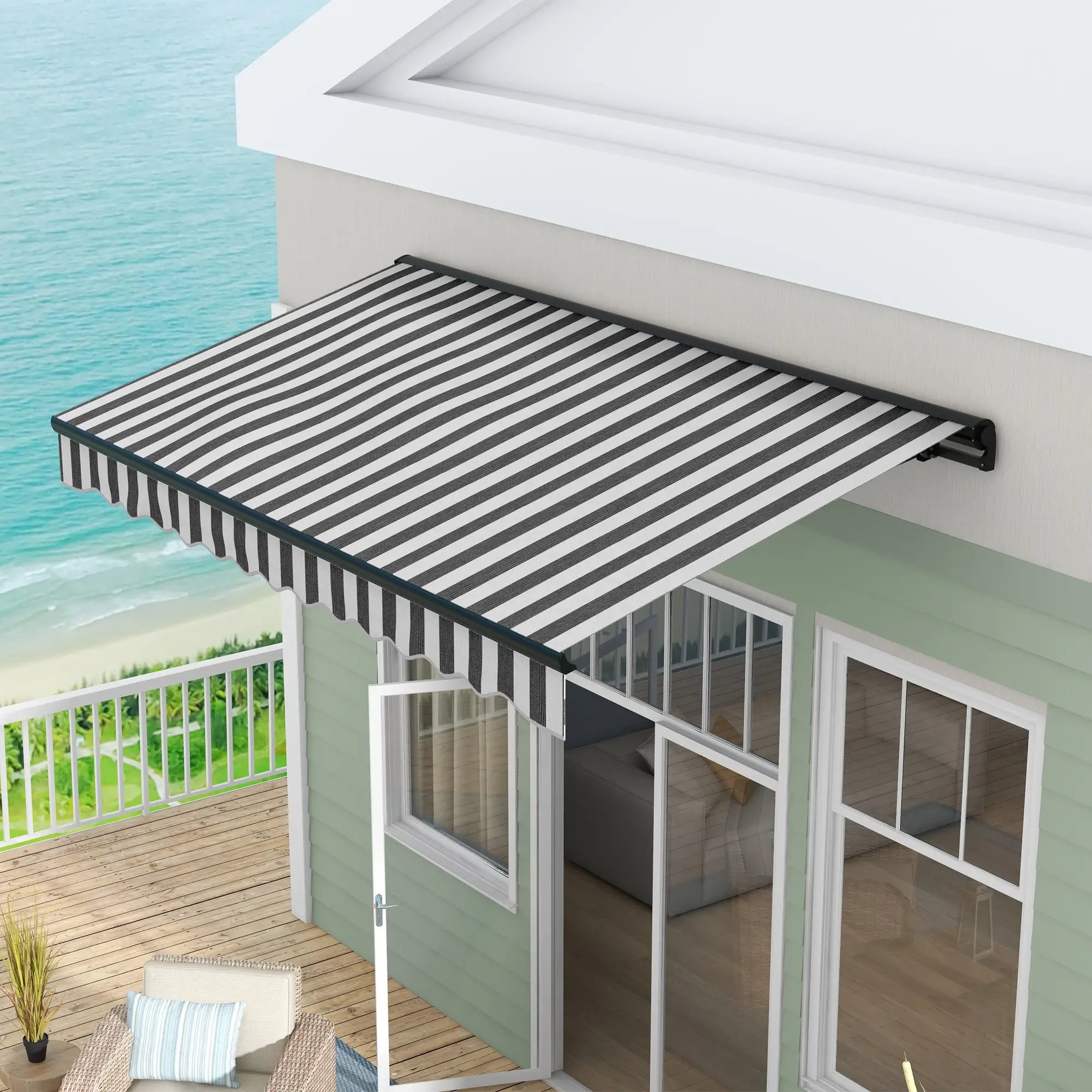 Striped 2.5m x 3.5m Aluminium Frame Electric Awning With Remote - Grey/White
