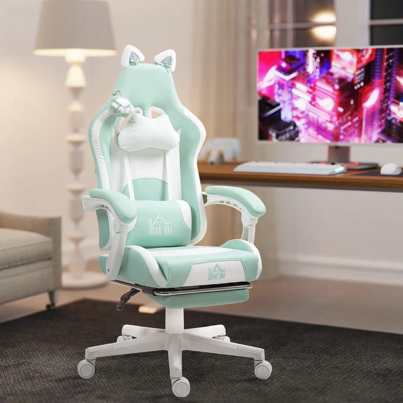 Cat Ear and Paw Reclining Office Chair with Footrest - Cute Light Blue/White Design for Comfort and Style