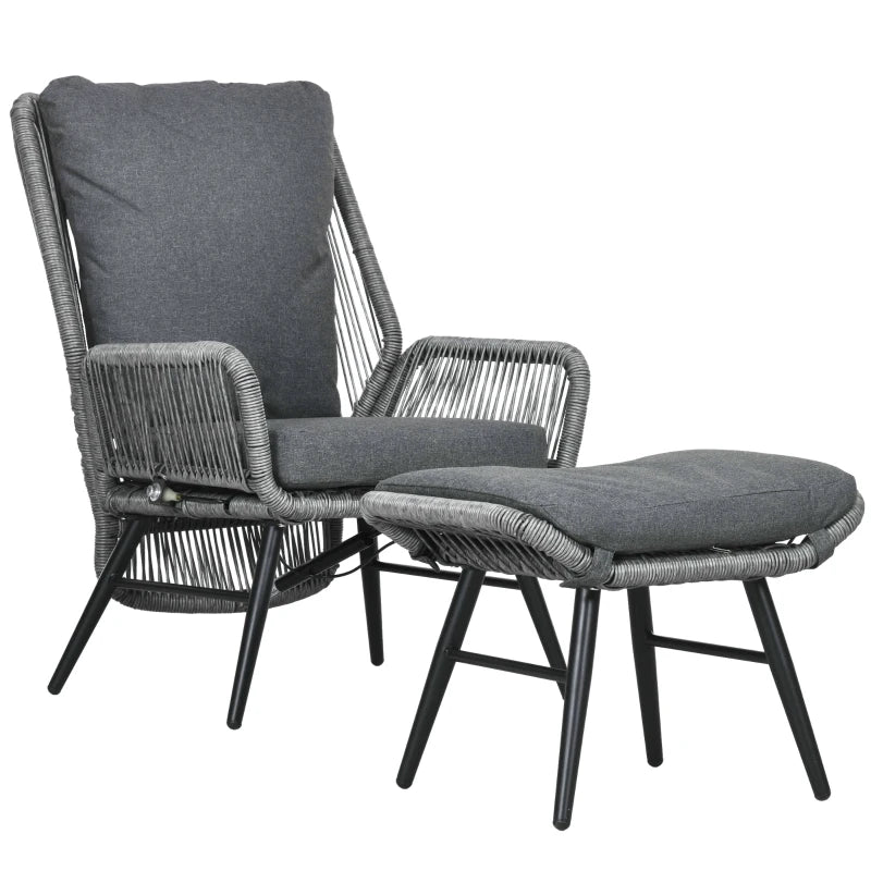 Grey Rattan Armchair and Footstool Set with Cushions