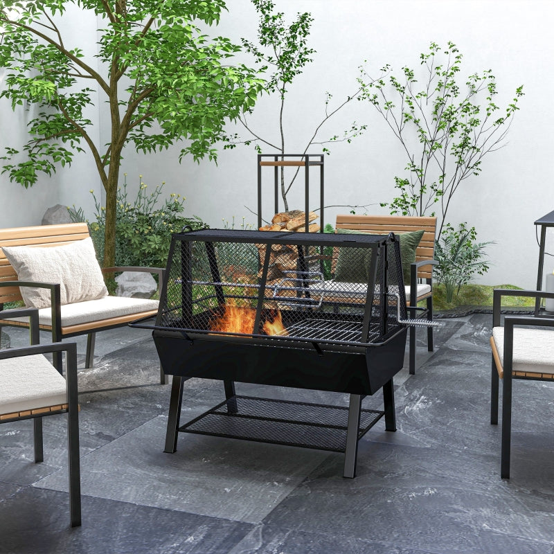 3-in-1 BBQ Grill, Rotisserie Roaster, Fire Pit Set with Cover - Black