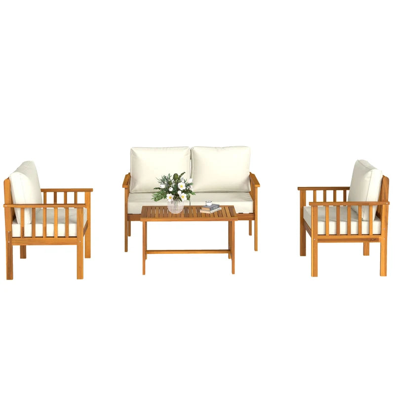 Four-Piece Acacia Wood Garden Sofa Set with Teak Finish and Cream Cushions