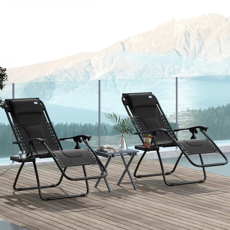Black Sun Lounger Chair Set of 2 - Folding Reclining Patio Chairs with Padded Seat, Cup Holder, Soft Cushion and Headrest - Black